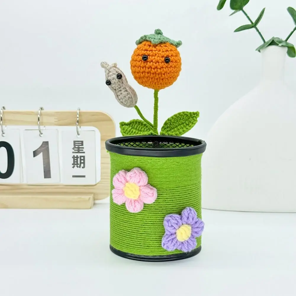 Handmade Crochet Sunflower Pen Holder Cute Simulated Flower Knitted Flowers Pencil Organizer Creative Durable Desk Pencil Holder