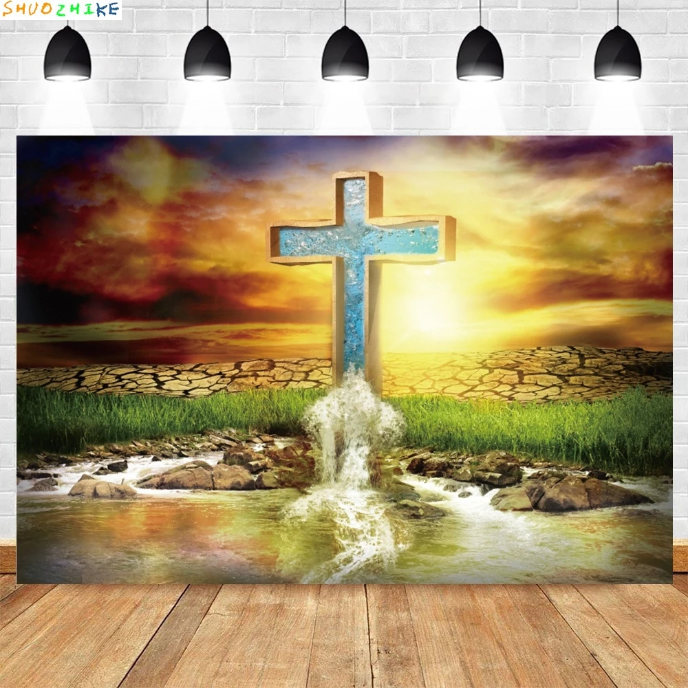 Небо открываются со световыми лучами сияющие фоны для фотосъемки деревянный крест Calvary Hill драматический закат фото фон HB-01