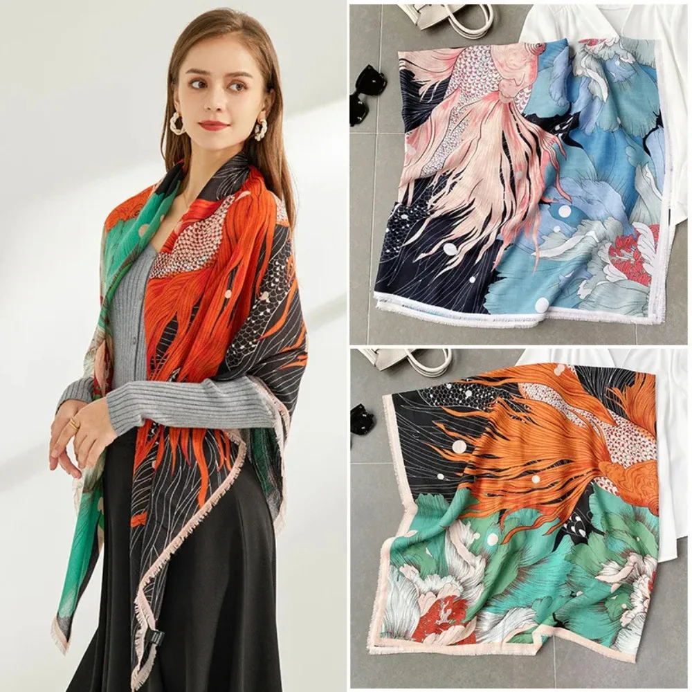 

Large Square Silk Scarf Shawl Hijab Goldfish Printed Short Beard High-Grade Large New Design Large