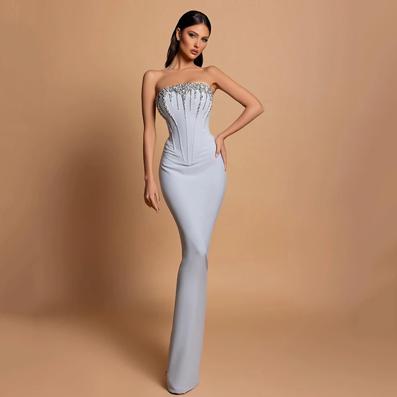 

Thinyfull Sexy Mermaid Prom Evening Dresses Strapless Beadings Satin Party Dress Formal Night Cocktail Prom Gowns Custom Size