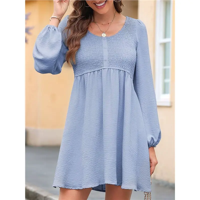 AT33 Women's Casual Dresses Smocked Crewneck Button Up Long Sleeve Waist A-Line Mini Dress