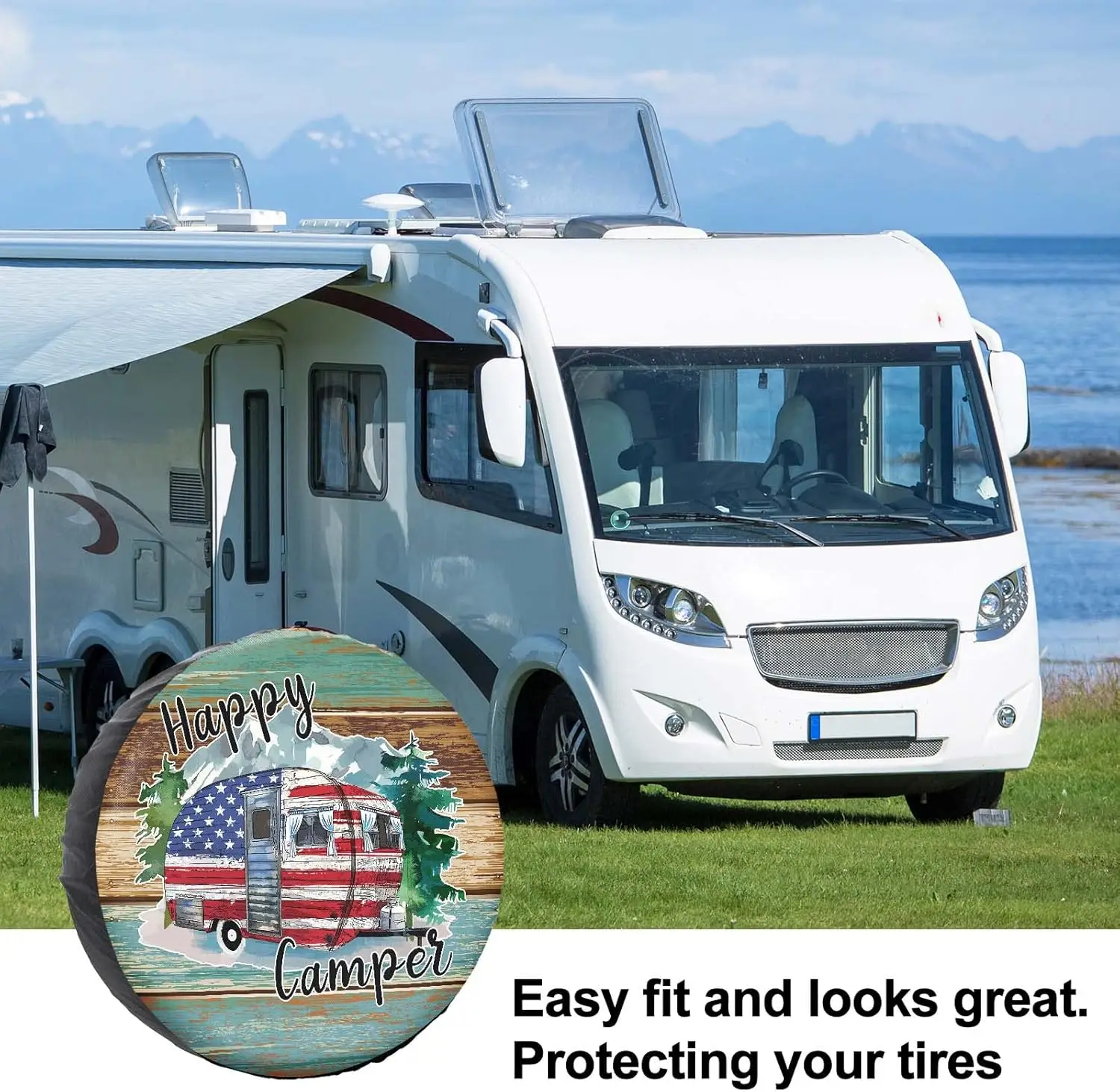 غطاء إطار احتياطي من Happy Camper مقاوم للغبار لسيارة جيب مقطورة RV SUV شاحنة تخييم ملحقات مقطورة السفر مقاس 15 بوصة
