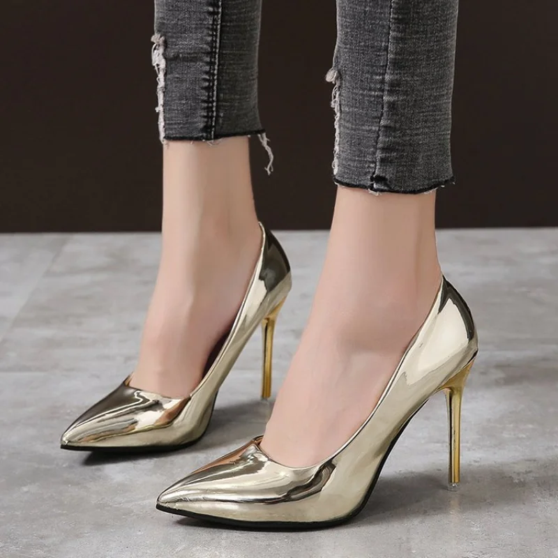 Women Pumps High Heels Silver Sexy Patent Leather Sliver Shoes for Women Stilettos Fashion Luxury Wedding Party Shoes Big Size