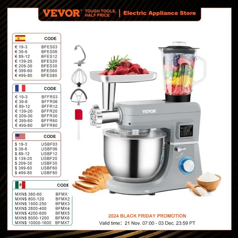 

VEVOR 5 IN 1 Stand Mixer Tilt-Head Multifunctional Electric Mixer w/ 6 Speeds LCD Screen Timing 7.4 Qt Stainless Bowl Dough Hook