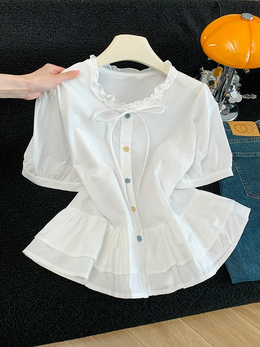 

White Bow Tie Short Sleeve Shirt Women's Summer New Unique Beautiful Fashion Wooden Ear Bubble Sleeve Shirt