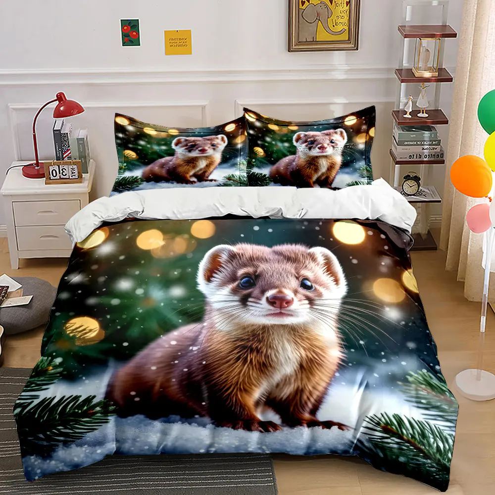 3Pcs Christmas Winter Ferret Duvet Cover Set, Snow Pine Tree Holiday Animal Bedding Single Double King Queen, Gift
