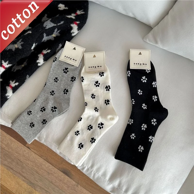 

3 Pairs Women's Socks Set Korean Cute Cartoon Dog Claw Kawaii Sweet Casual Versatile Mid Tube Socks High Quality Cotton Socks