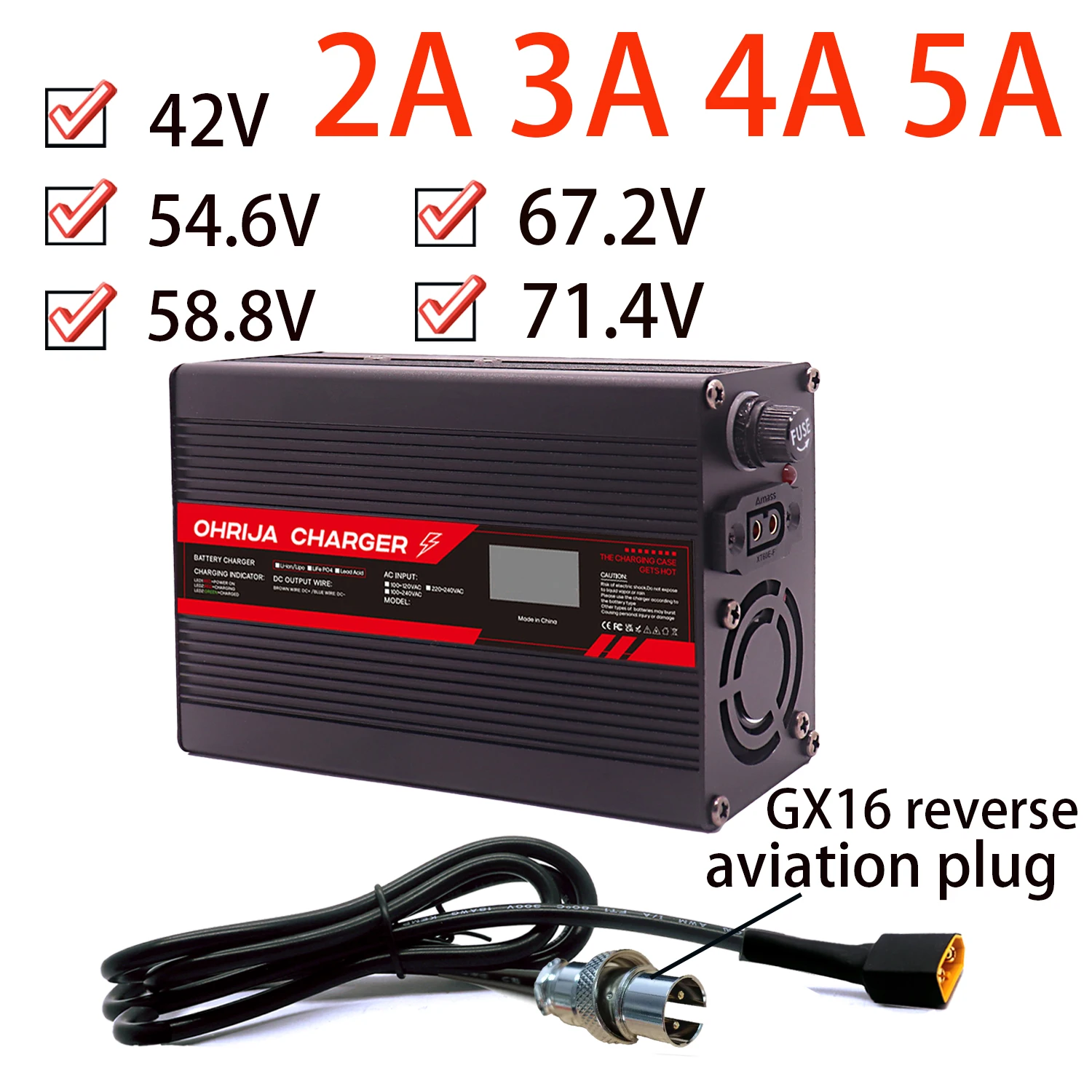 

GX16 reverse aviation plug 42V 10S Lithium Battery Charger 54.6V 58.8V For 16S 67.2V 71.4V Display Charger Aluminum charger