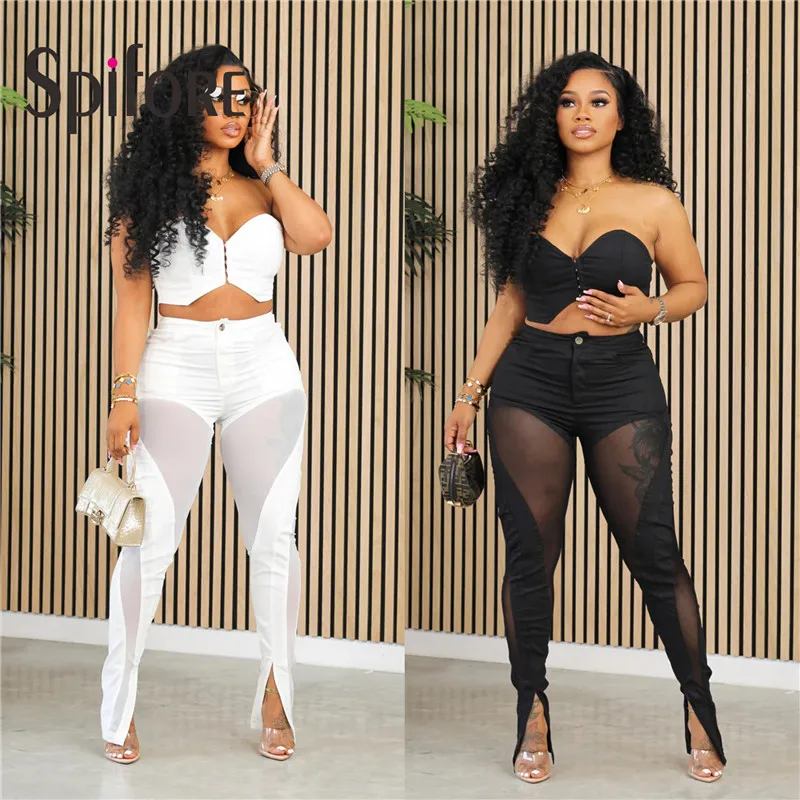 

Spifore Sexy Mesh Patchwork See Through Two Piece Set Summer Sleeveless Crop Top High Waist Pencil Pants Party Club Women Suits