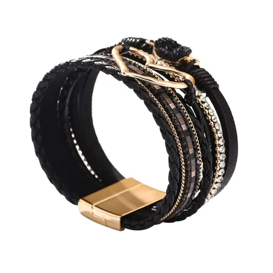New Metal Love Heart Charm Leather Bracelets for Women Fashion Bohemian Rhinestone Resin Wrap Bracelet Bangle Couple Jewelry image 5