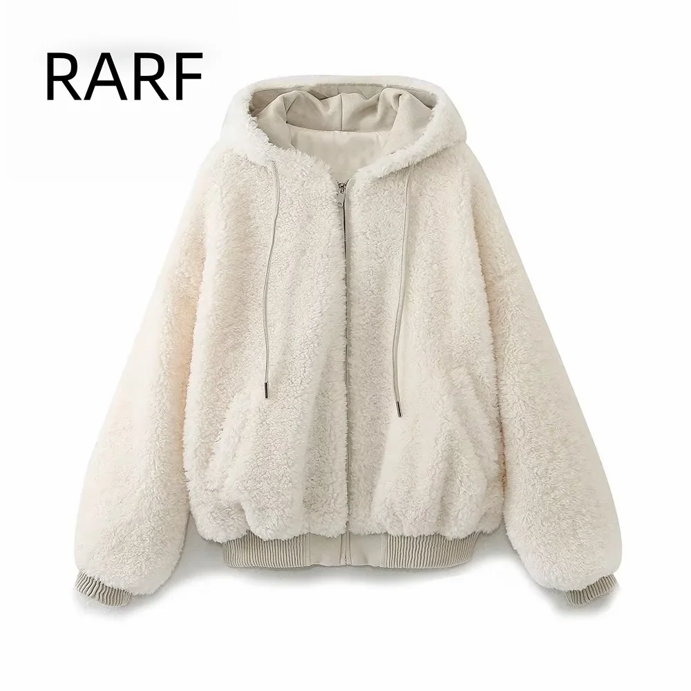 New autumn white hooded lambskin fleece fleece warm jacket women's hoodie cotton coat thickened loose cotton coat