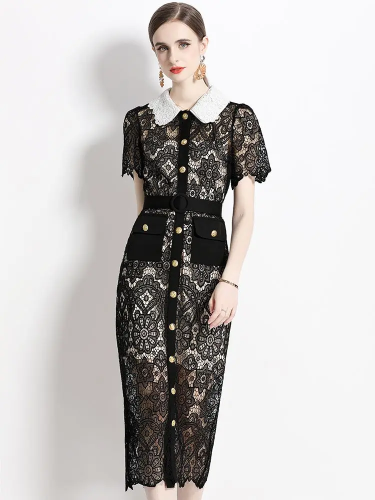 

Runway Designer Luxury Hollow Out Midi Lace Dress Women Summer Short Sleeve Metal Buttons Belt Pockets Party Vestidos N6915