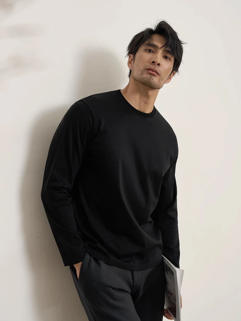 SuyaDream, Mens Solid Tee, Cotton Silk Blend, O neck, Long Sleeved Cozy T Shirts