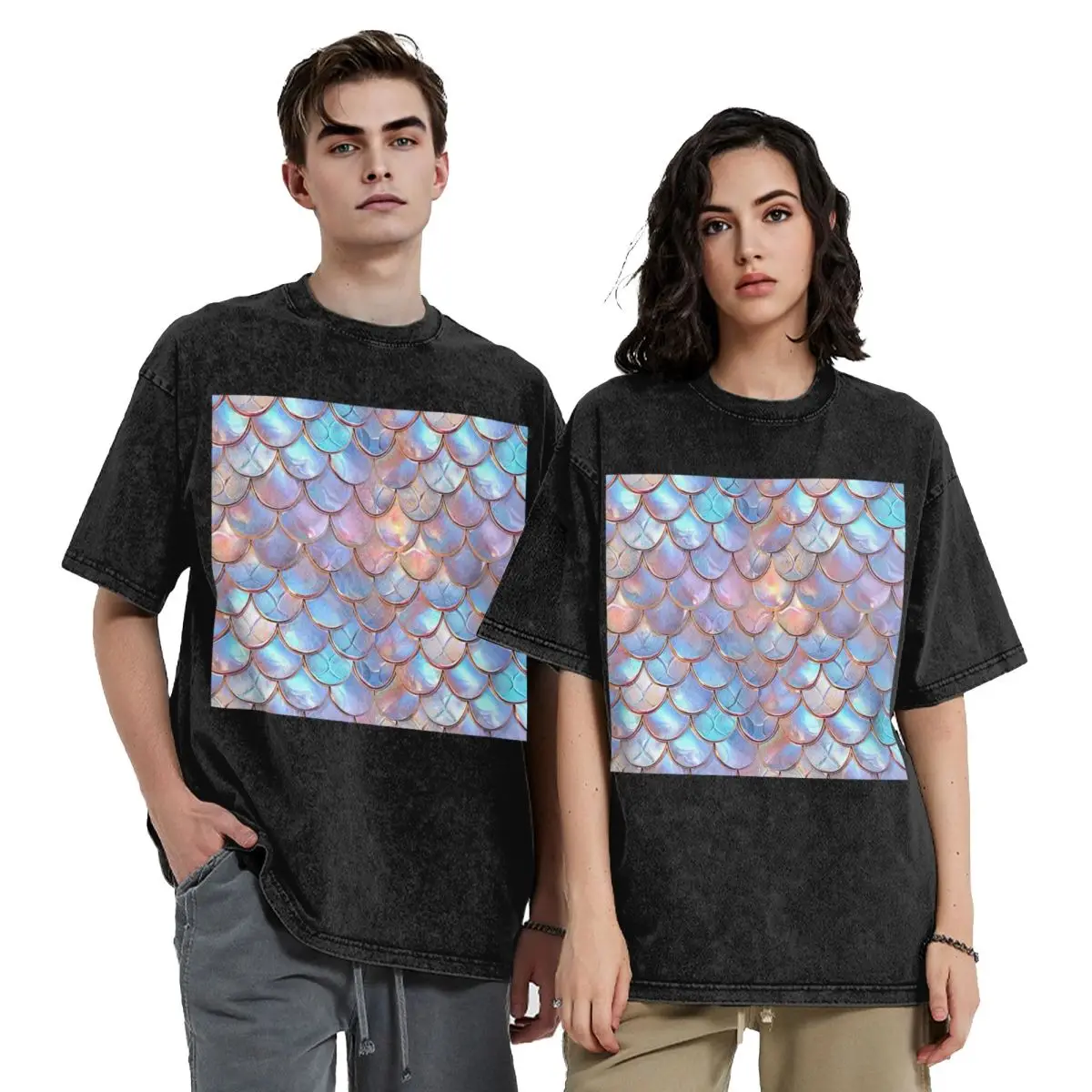 Mermaid Fish Scale Washed T Shirts Vintage Short Sleeve Hip Hop T-Shirt Streetwear Tops Tees for Men Women