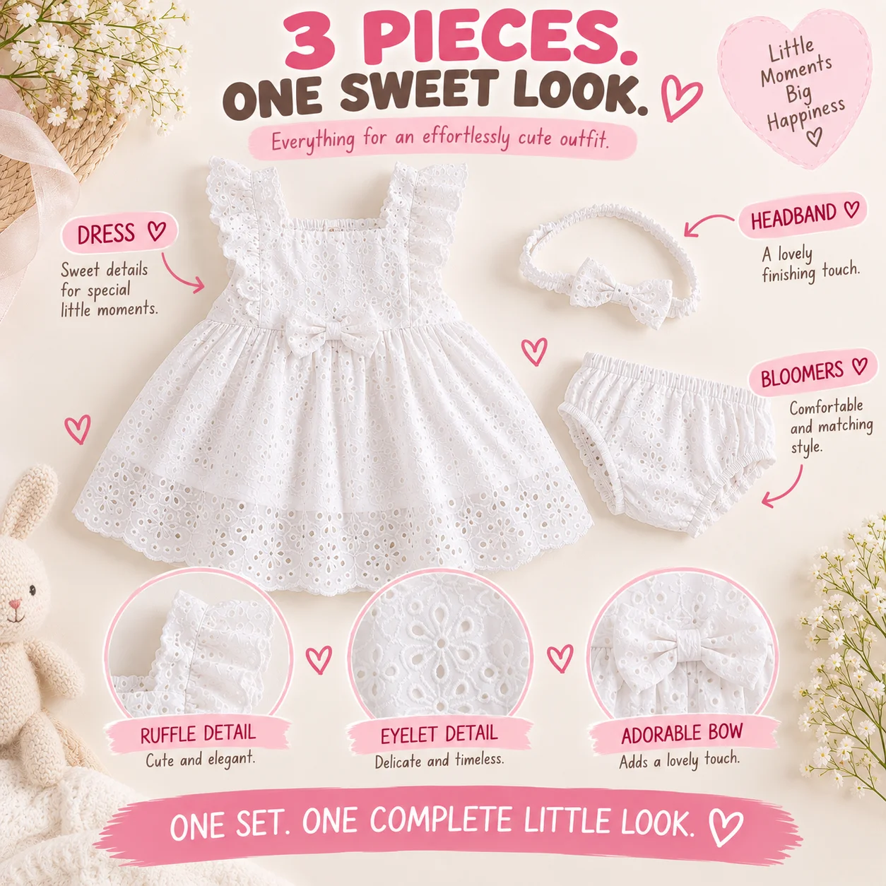 Baby Girls Lace Dress Set White Floral Princess Sleeveless Summer Outfit Headband Bloomers Birthday Party Clothes 9-24 Months
