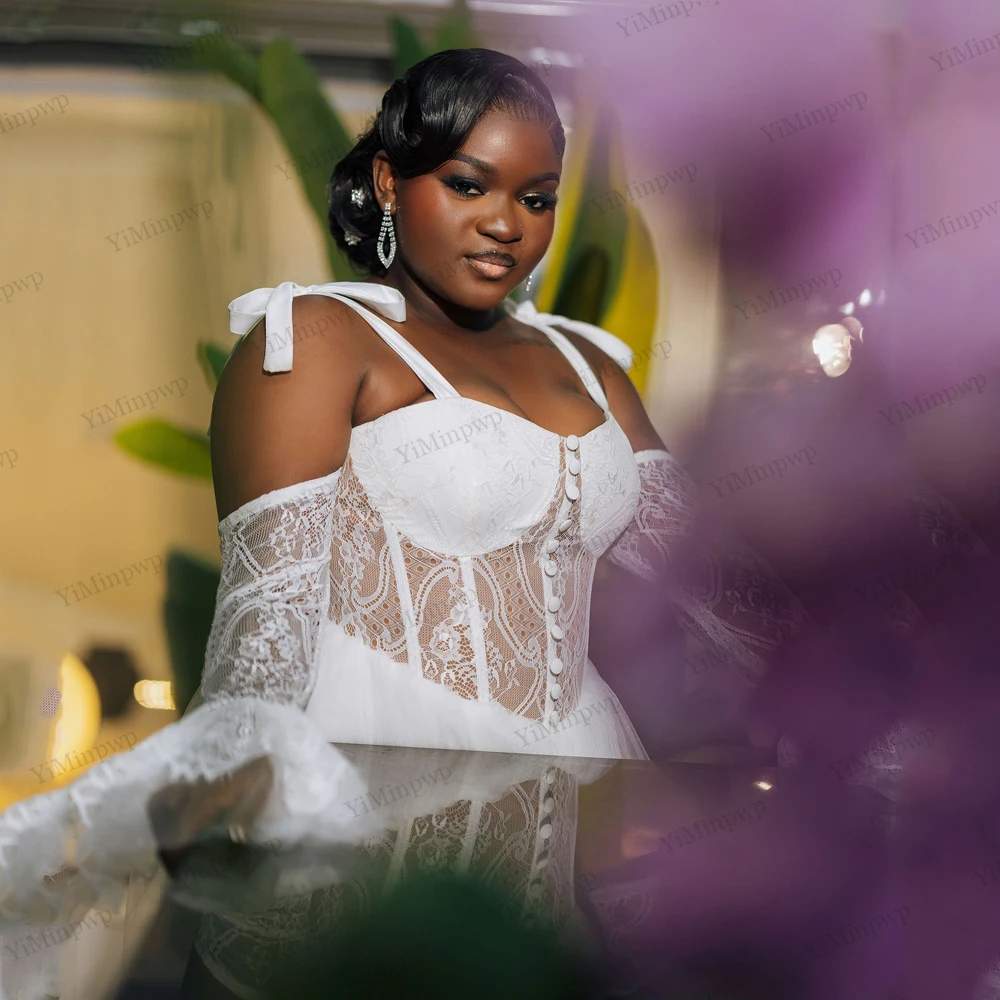 الدانتيل العروس الجلباب الزفاف الفاخرة السباغيتي الأشرطة طويلة الأكمام عالية منخفضة الزفاف الأفريقي الجلباب الزفاف لالتقاط الصور حسب الطلب #6