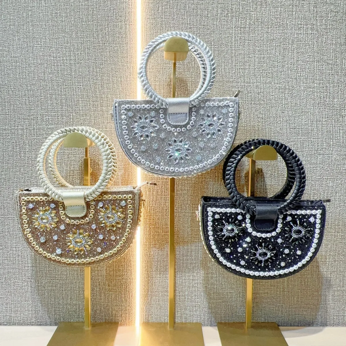 2025 New Luxury Designer Round Handle Half Moon Bags Crystal Glitter Evening Bags Women's Studded Diamond Handbags Shoulder Bags