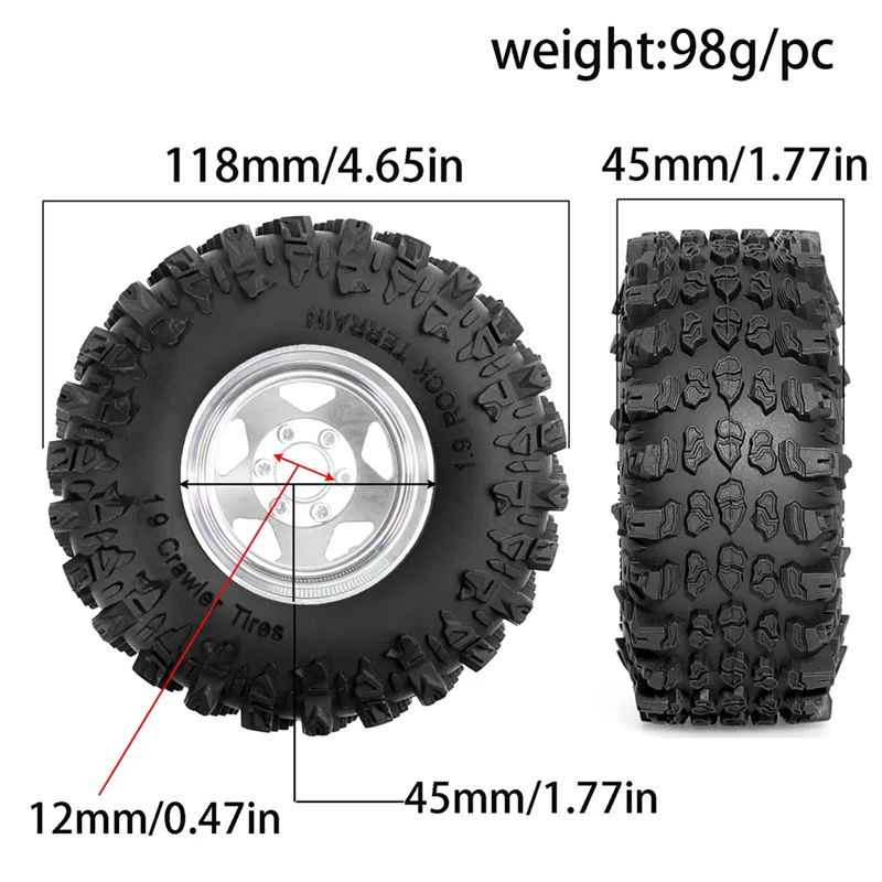 AD-4Pcs 1.9 Inch Metal Tire Wheels With 118Mm OD Tires For Axial SCX10 D90 Wraith 1/10 RC Climbing Crawler Car Parts