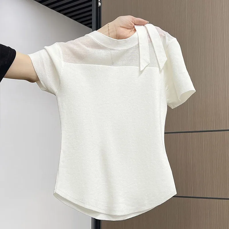 Damen Micro Transparent Gaze T-Shirt Sommermode Rundhals Basic Kurzarm Pullover Lady Premium Lace Up Schlankheitsoberteile