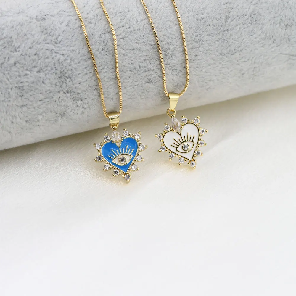 

Fashion Sparkling White Zircon Heart Shape Dripping Oil Devil Eye Pendant Box Chain Necklace Men Women Lover Jewelry