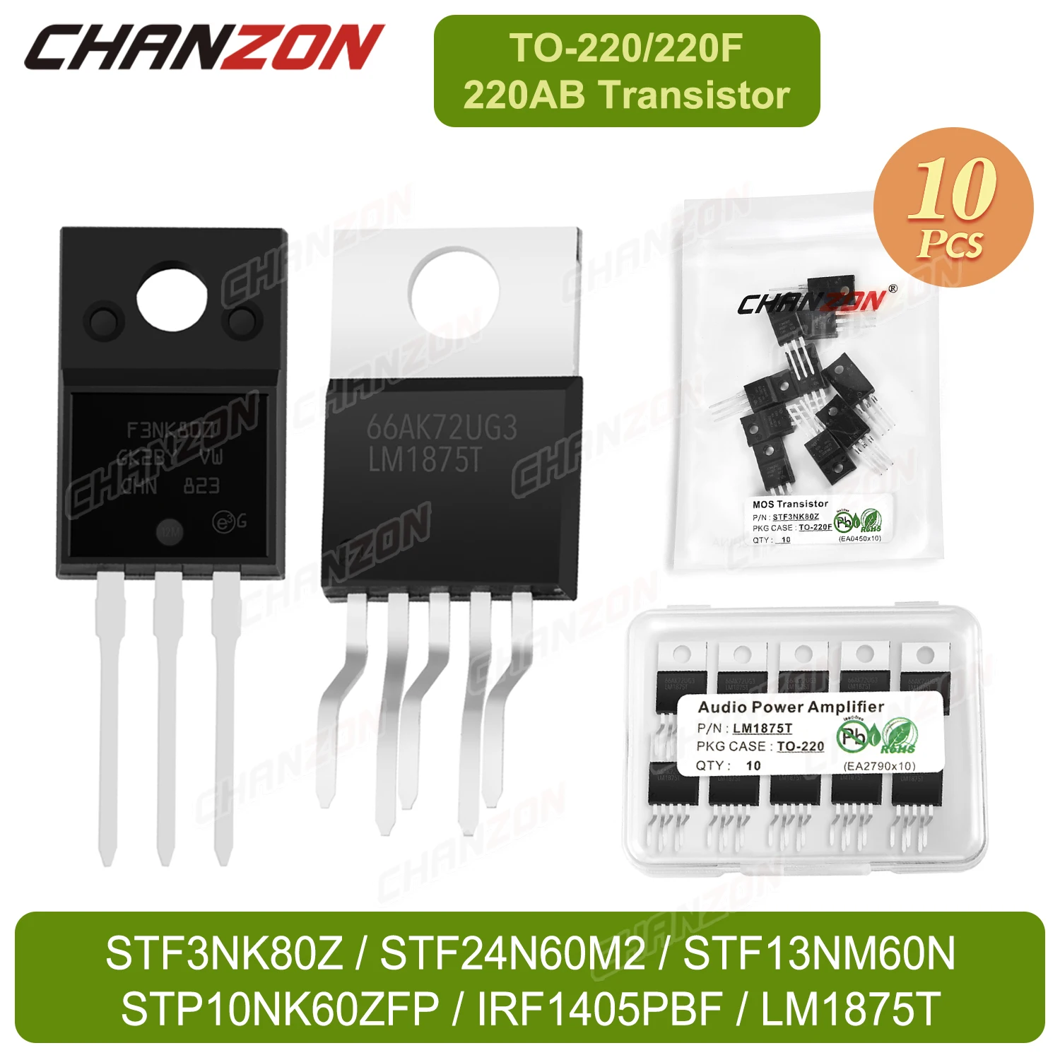 10PCS TO-220 TO220F IRF1405PBF LM1875T STF3NK80Z STF24N60M2 STF13NM60N STP10NK60ZFP Power Mosfet Transistor Integrated Circuits