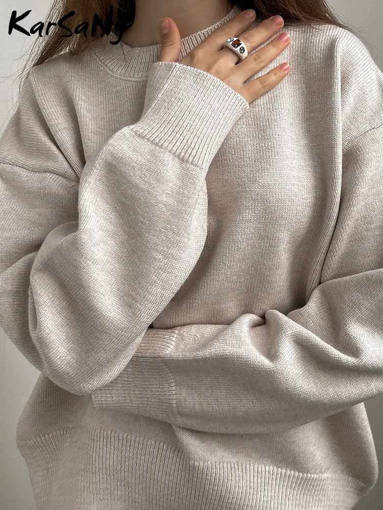 Suéteres básicos gruesos para mujer, Jersey holgado de punto azul real de gran tamaño, cálido con cuello redondo, Otoño, 2024