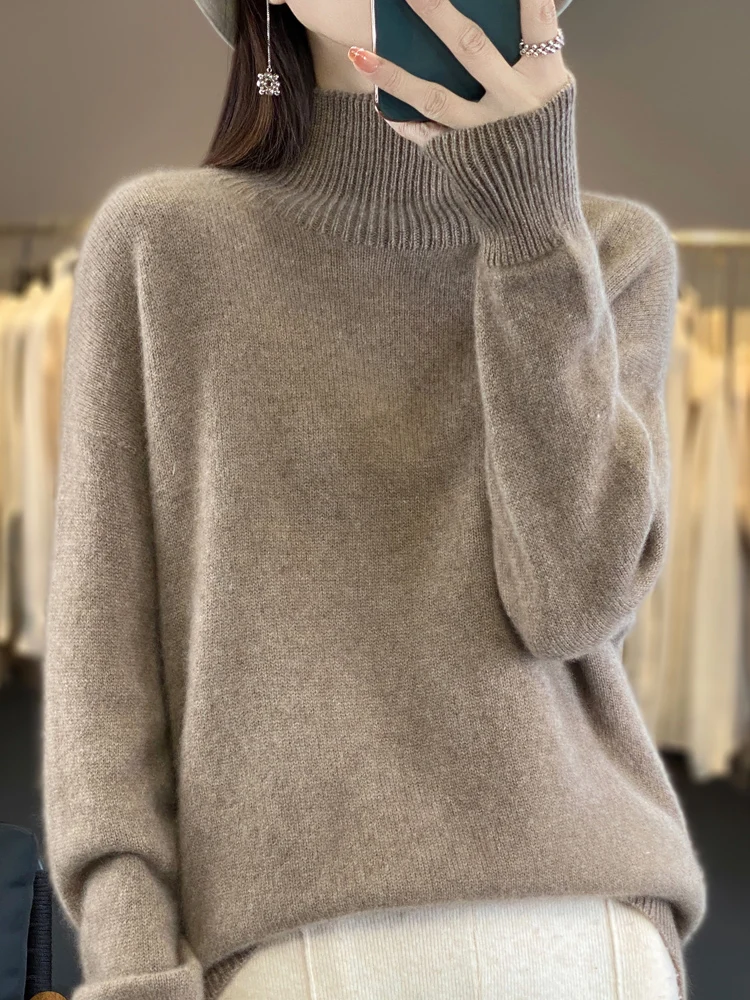 100% wełna merynosów damski luźny sweter Mock-neck sweter jesienno-zimowa gruba z długim rękawem kaszmirowe ubrania z dzianiny koreańska moda