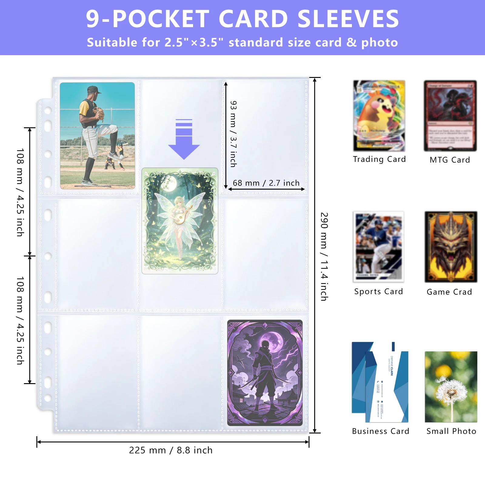 9-Pocket Trading Gaming Card Sleeves Photo Albums Binder Page Protectors Sheets for Pokemon/Yu-Gi-Oh/NARUTO/One Piece/TCG Cards