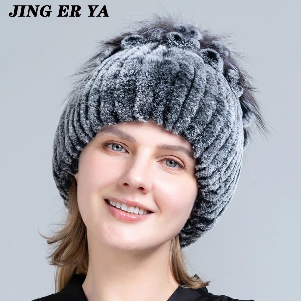 JERYAFUR Fur Hats for Women Winter Real Rex Rabbit Hat Fox Fur Kniting Female Warm Snow Caps Ladies Elegant Princess Beanies Cap