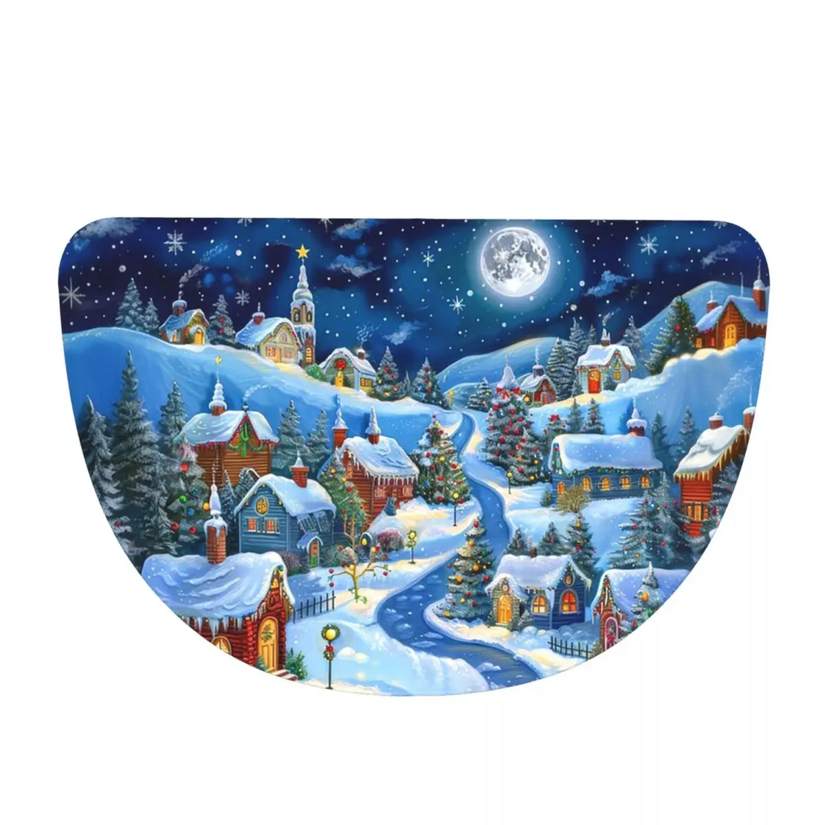 Christmas Town Full Moon Snow Village Soft Flannel Half Round Doormat Non Slip Bathroom Mat Absorbent Floor Carpet for Garage