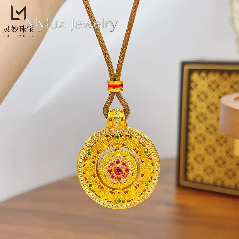 Mylux Jewelry Luxury fashion 9999 24K real gold namel dot diamond silk compass pendant necklace rotatable Ruyi disc pendant