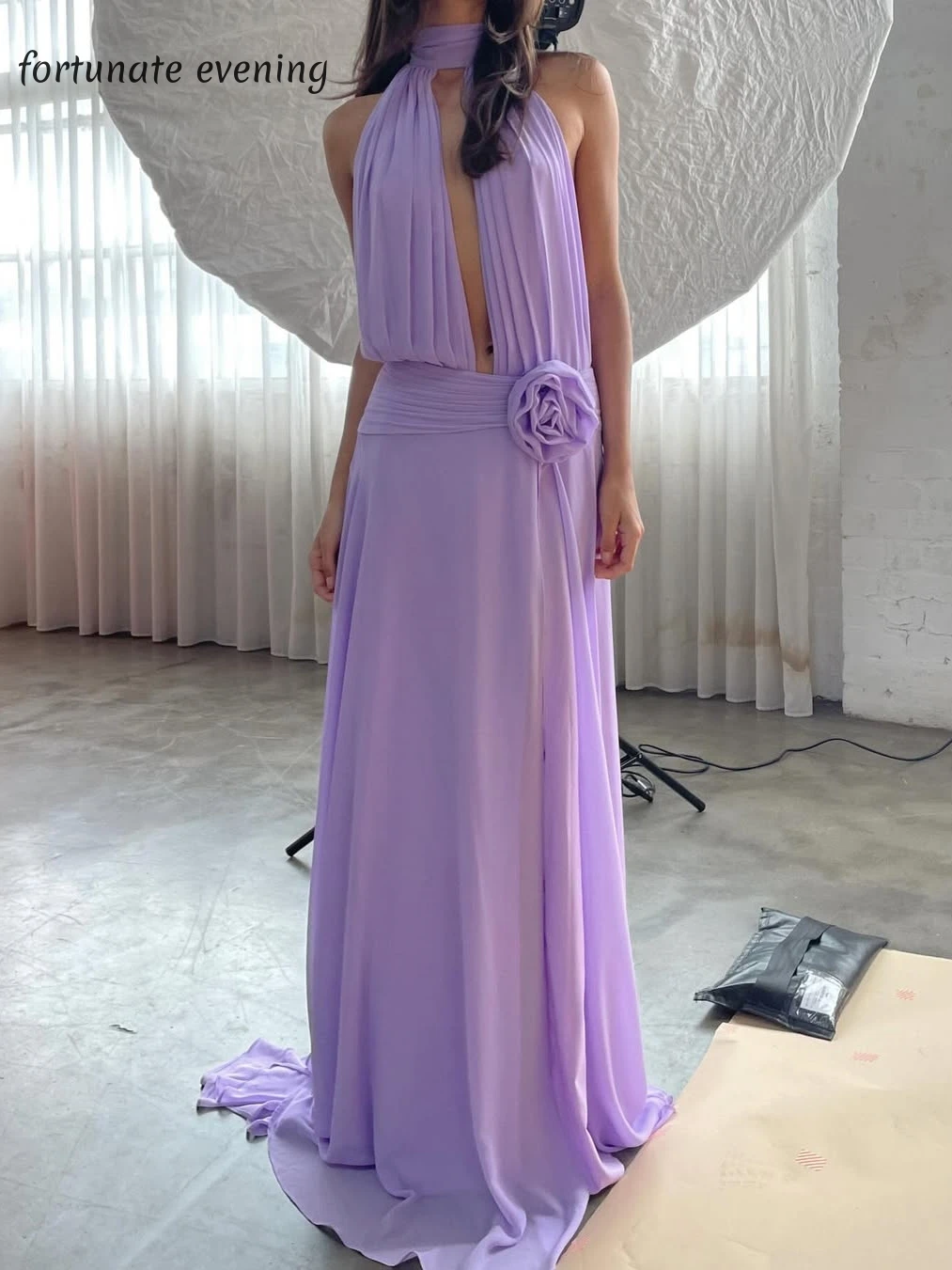 

Fortunate Evening Elegant Vintage Sweet Lilac Flower Chiffon Sexy New Customized Formal Occasion Prom Dress Evening Party Gowns