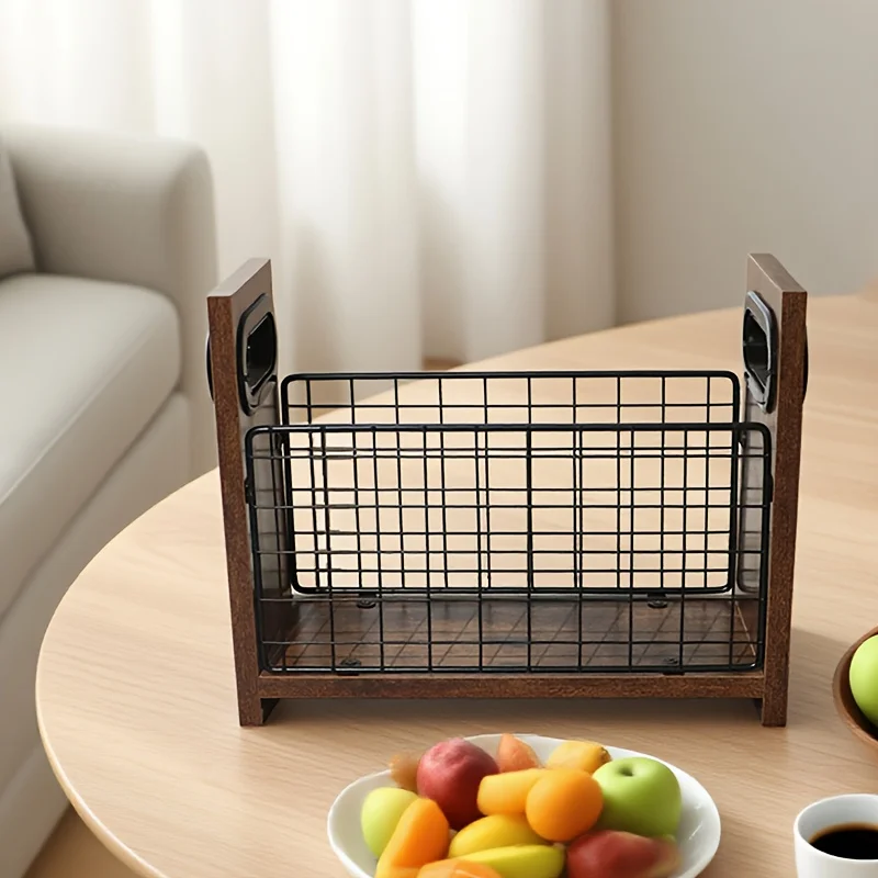 

Rustic Farmhouse Metal & Wood Desktop Organizer - Adjustable Multi-Purpose Storage Basket for Magazines