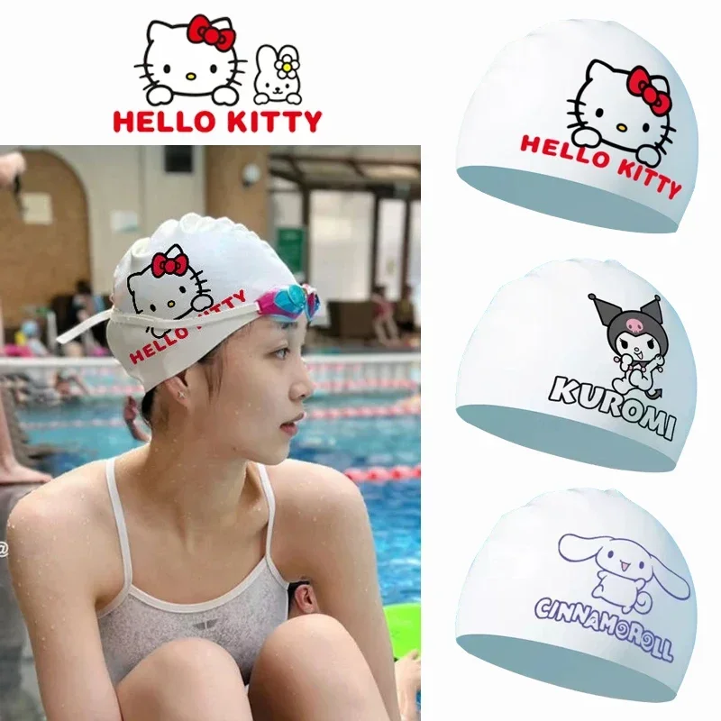 Sanrio Hello Kitty Swimming Cap Girl Cute Cartoon Waterproof Flexible Silicone Swim Caps Ear Protection Adults Elastic Swim Caps