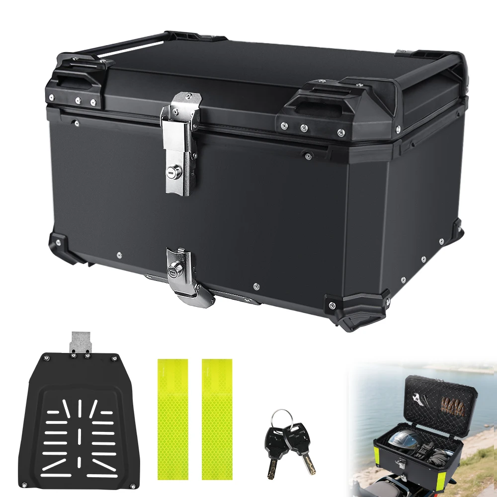 Coffre à bagages arrière universel pour moto en aluminium 65L, étanche, boîte à outils, boîte de rangement avec 2 clés et serrure