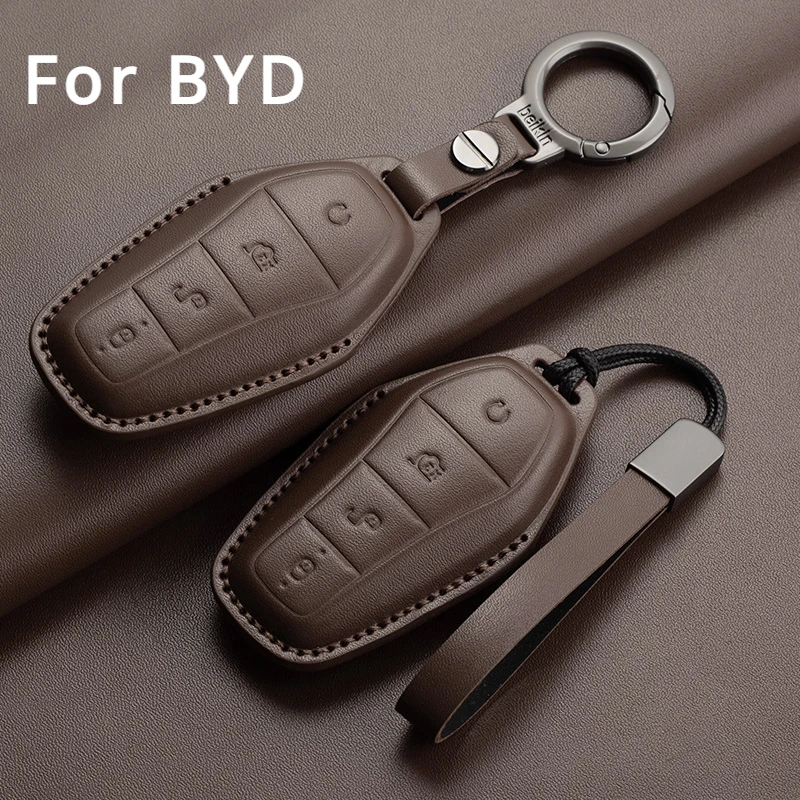 Leather Car Remote Key Case Cover For BYD Tang DM 2018 Qin Plusdmi Atto 3 Han EV Dolphin Protector Fob Keyless Holder Keychain