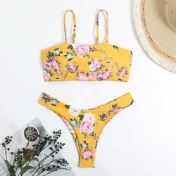 2024 Floral Two Piece Thong Bikini Set String Women Swimwear Female Swimsuit Bathers Bathing Swimming Suit Beachwear Summer