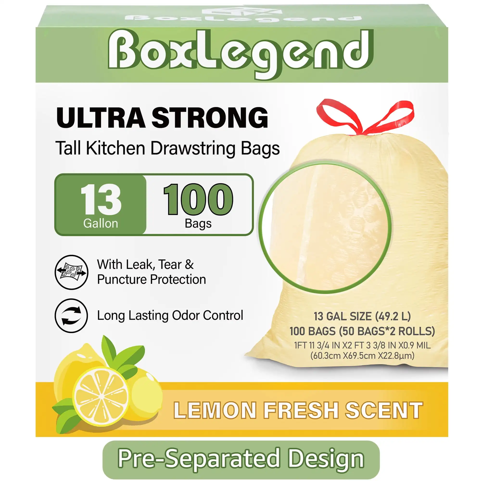 Trash Bags Ultra Strong 13 Gallon Drawstring Tall Kitchen Garbage Bags Lemon Scent 100 Pcs Light Yellow