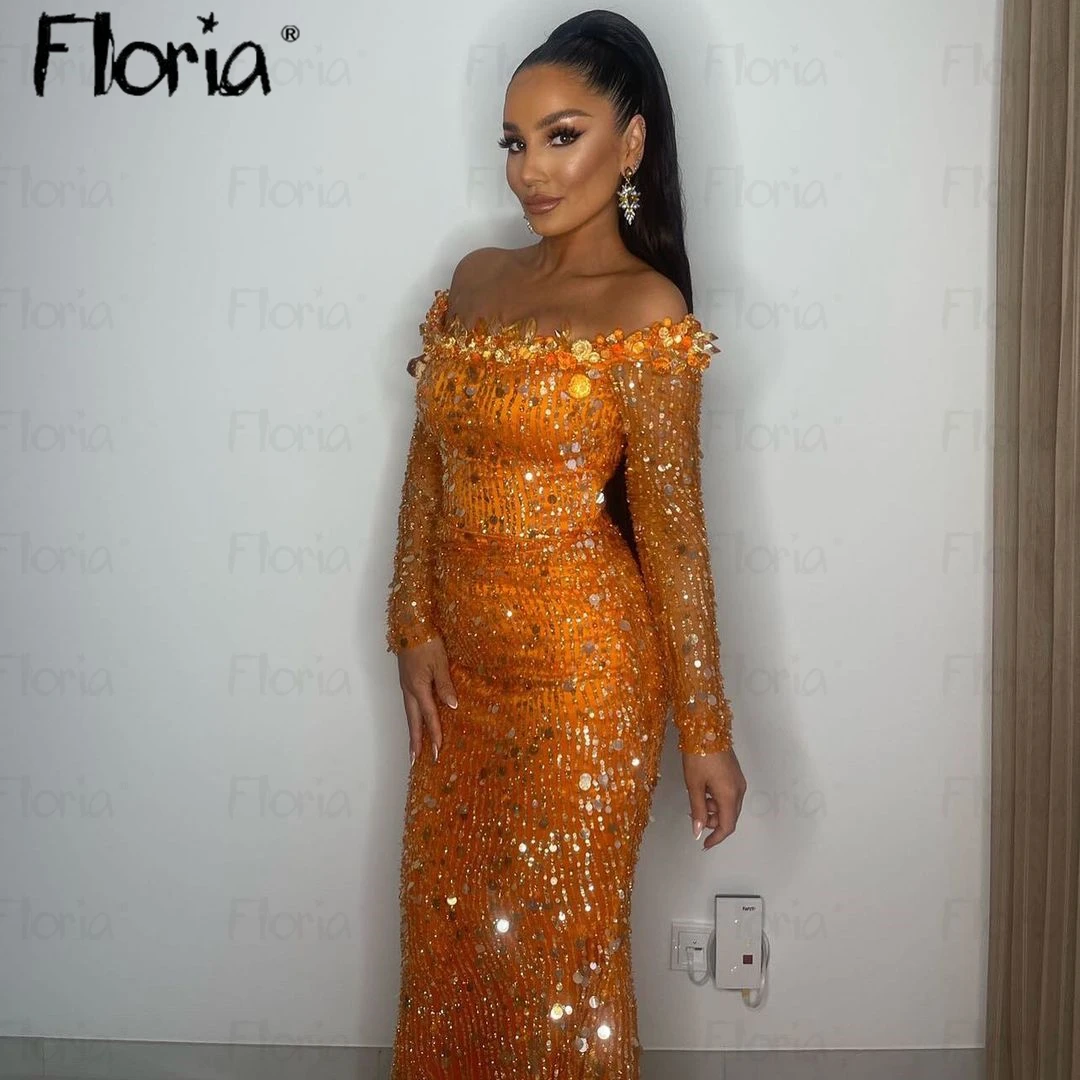Floria Orange Crystals Boat Neck Mermaid Evening Dress With Long Sleeve Sweep Train Sparkle Sequins Wedding Party Dress Custom