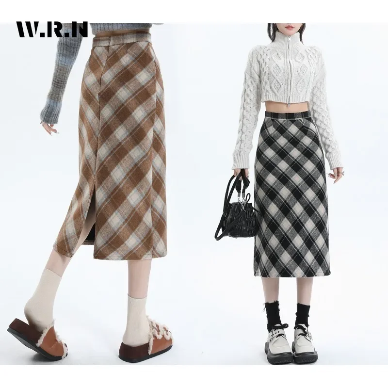 2023 inverno Vintage Plaid Print elegante maglia media gonne lunghe gonna Sexy Slim Fit a vita alta stile dolce Casual da donna