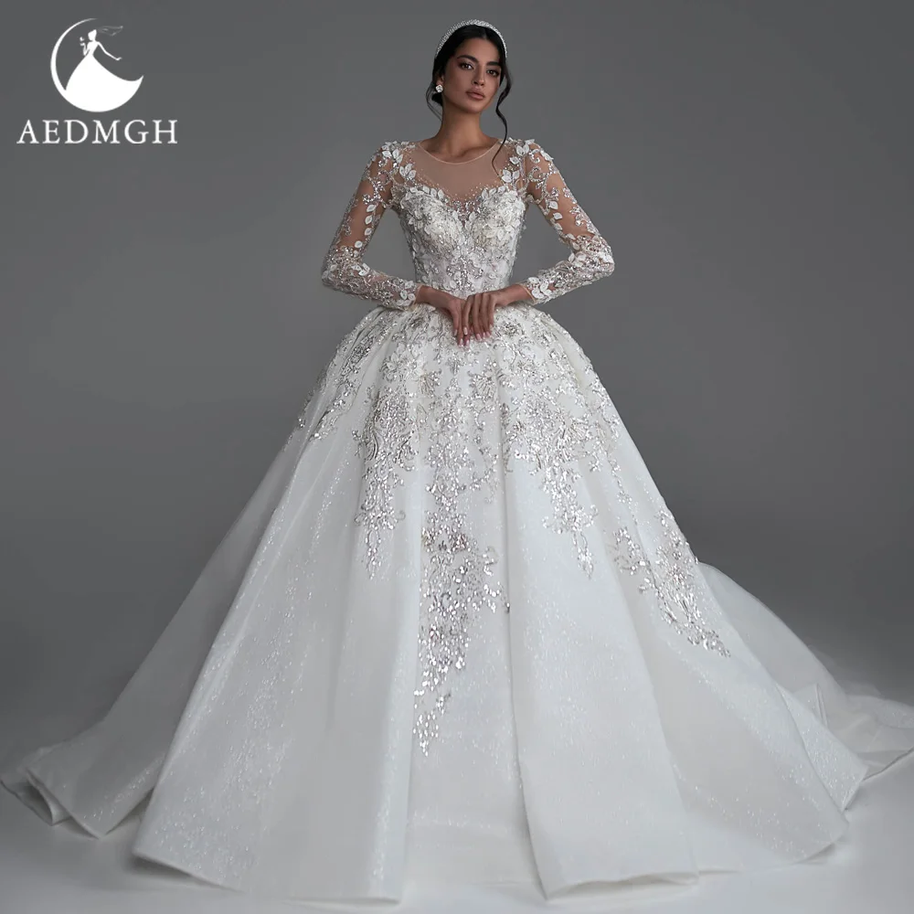 Aedmgh Luxe Prinses Trouwjurken 2023 O-hals Lange Mouw Gewaad De Mariee Glitter Lace Kralen Baljurk Vestido De Novia