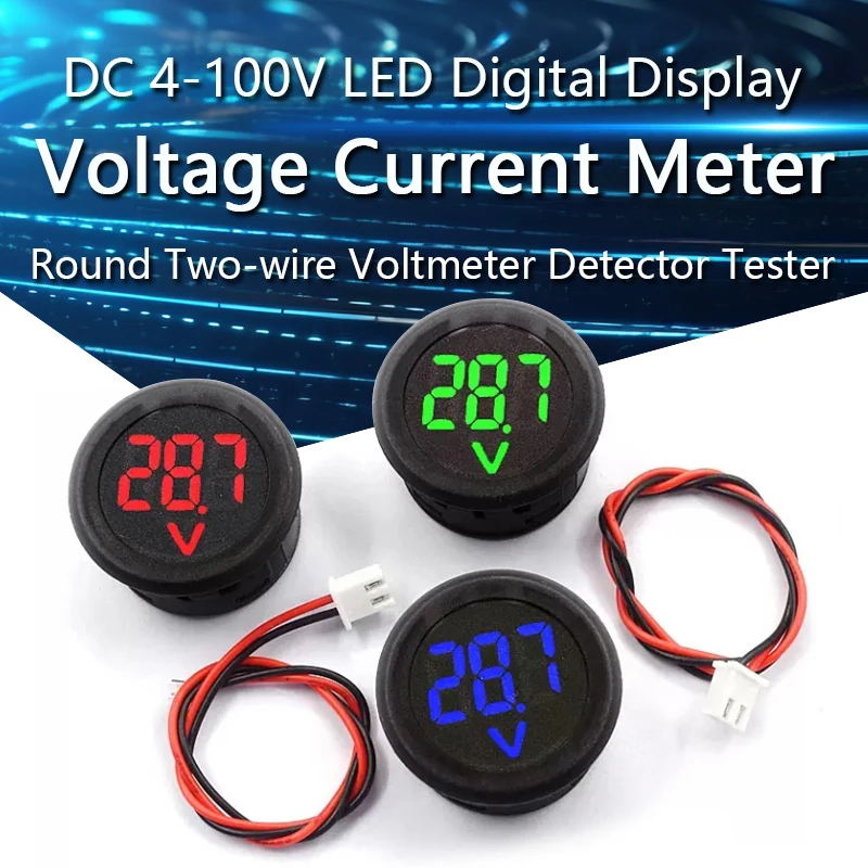 DC 4-100V LED Digital Display Round Two-wire Voltmeter DC Digital Car Voltage Current Meter Volt Detector Tester Monitor Pane