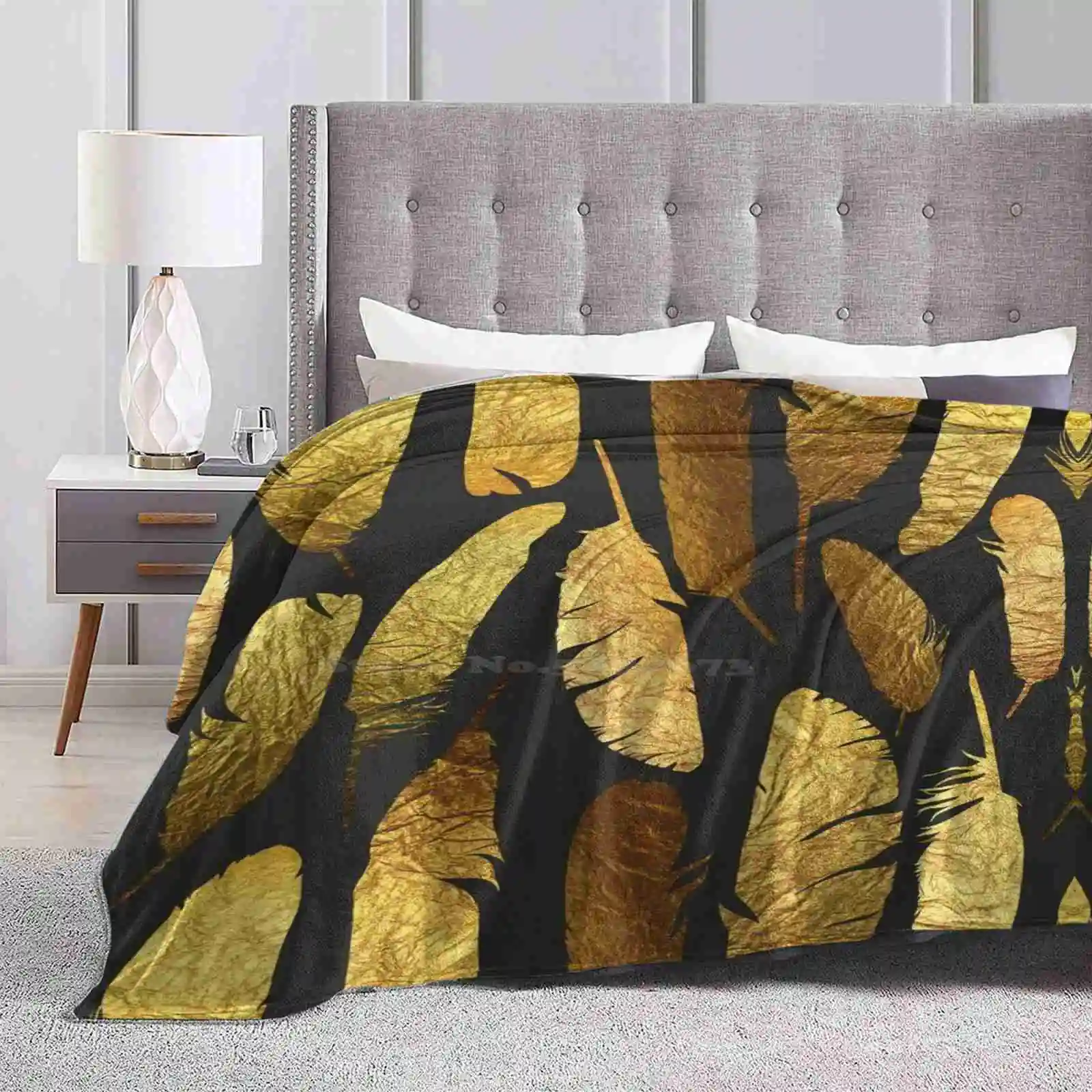 - Golden Feathers - Hot Sale Printing High Qiality Warm Flannel Blanket Jewels Feathers Fabulous Magical Seamless High Contrast