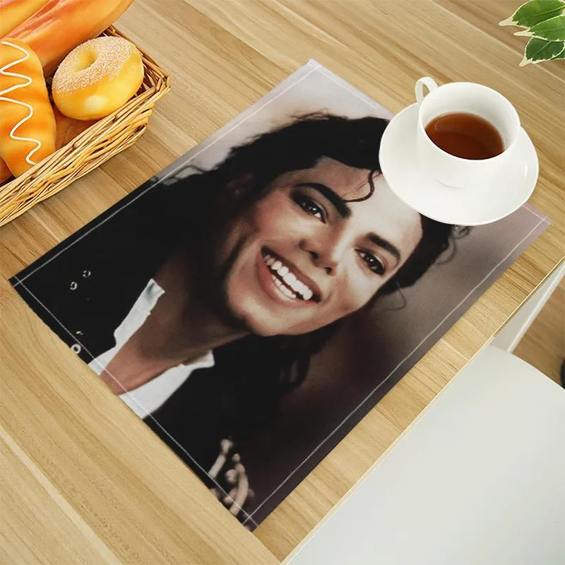 Michael Jackson Print Linen Dining Table Mats Alphabet Kitchen Placemat 30X40cm Coasters Pads Bowl Cup Mat