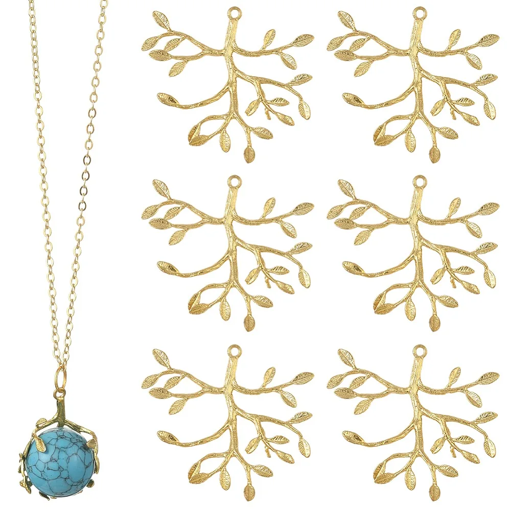 10Pcs Brass Pendants Branch and Leaf Lead Free Cadmium Free Nickel Free Raw(Unplated) 33x36x2mm Hole: 1.5mm