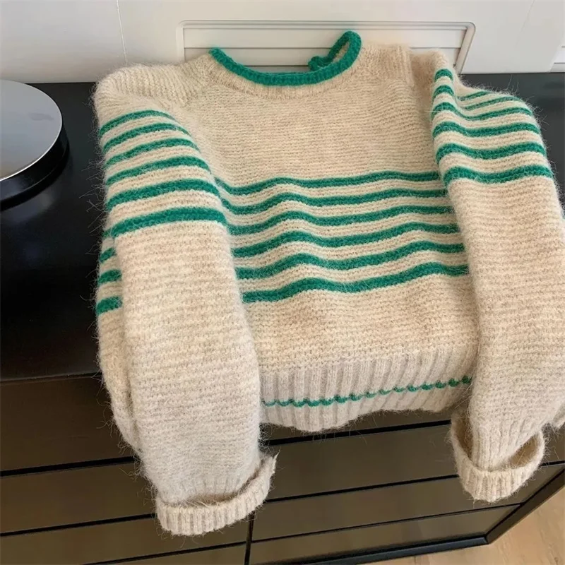 

Lazy High-End Green Striped Pullover Round Neck 2026 Spring And Autumn And Winter New Korean Loose And Soft Knitted Top Stripe