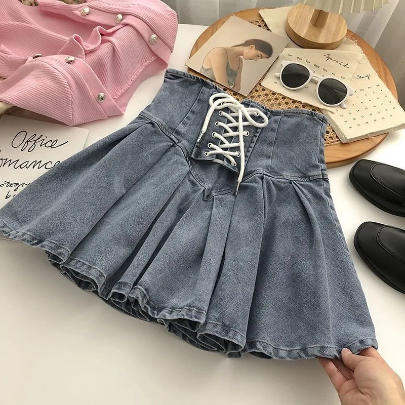 Women Pleated Skirt Cowboy Short Dresses Y2k A-line Skirt High Waist Crossover Straps Belt College Style Streetwear Sweet Chic