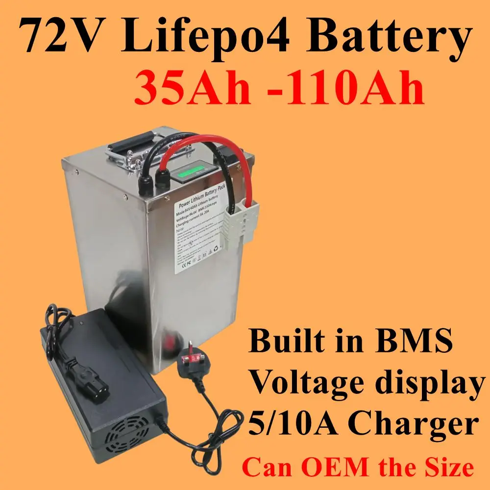 72V 35Ah 40Ah 50Ah 60Ah 70Ah 80Ah 100Ah 110Ah Lifepo4 battery for 3000W 5000W 7000W Hybrids Motorcycles Golf Cart Robot +Charger