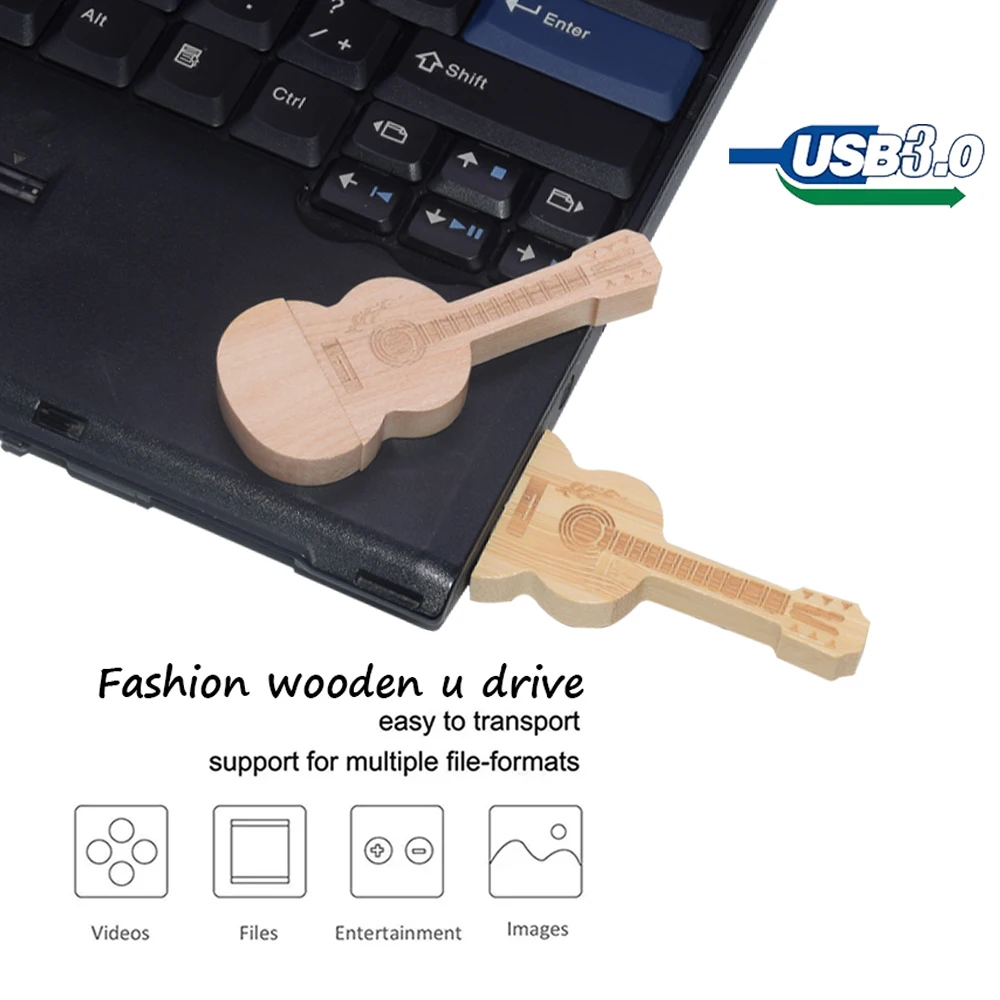 20개 무료 맞춤형 로고 나무 기타 USB3.0 플래시 드라이브 4G 8G 16G 32G 64GB 128G 키체인 선물 펜 드라이브 박스 메모리 스틱