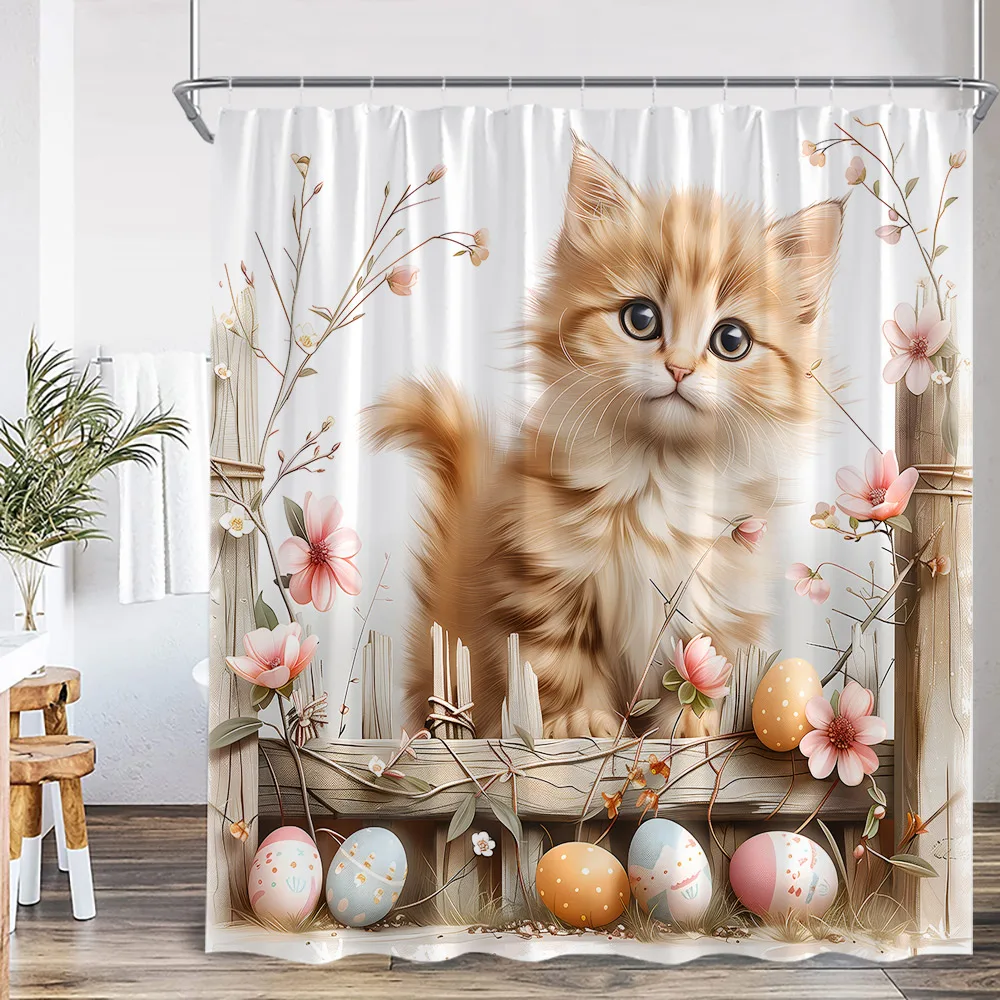 Cute Cats Funny Animal Shower Curtain Summer Autumn Animals Print Bathroom Decor Polyester Fabric Bath Curtain with Plastic Hook